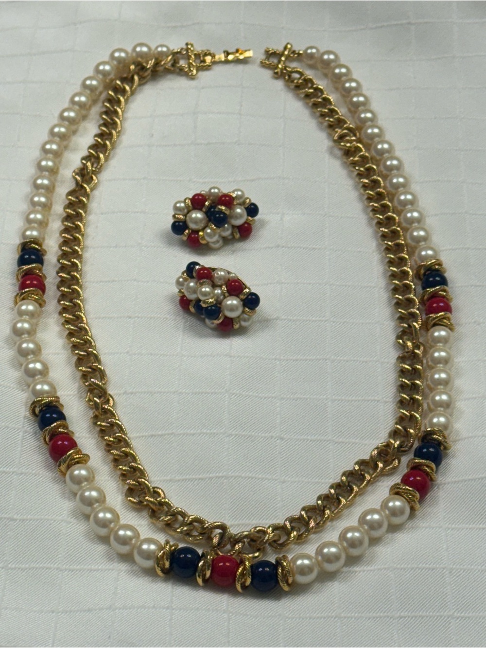 Classic Pearl & Gold Chain Necklace with Red and Navy Accents - Women's Jewelry
